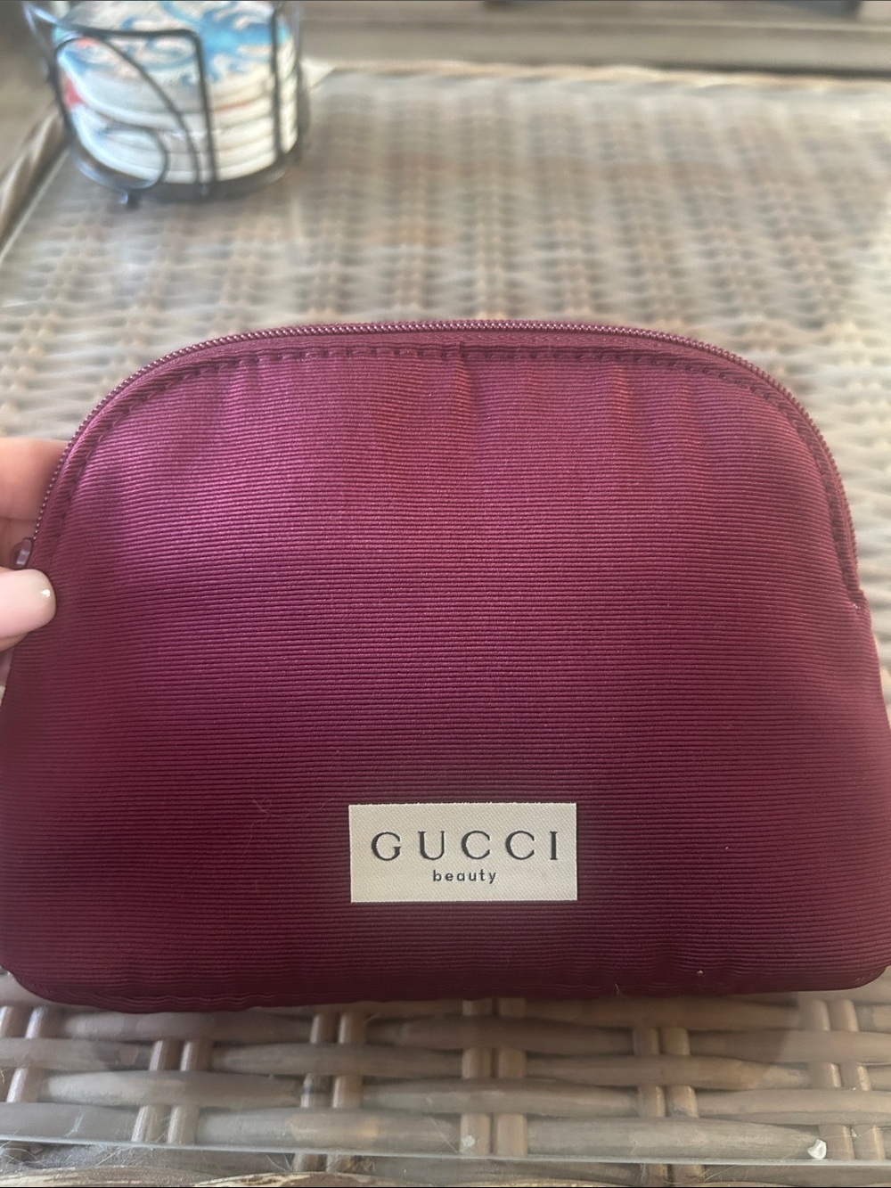 Gucci Burgundy Satin Logo Cosmetic Pouch